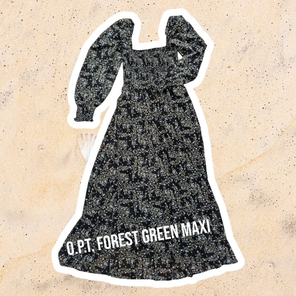 O.P.T. Classic Smocked Maxi Dress in navy with forest green floral detailing
